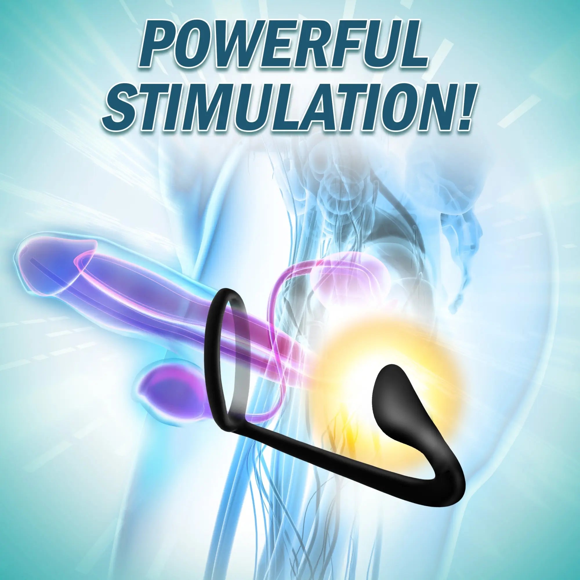 Prostatic Play Explorer II black silicone stimulator and cock ring shown with an anatomical diagram of the male pelvis.