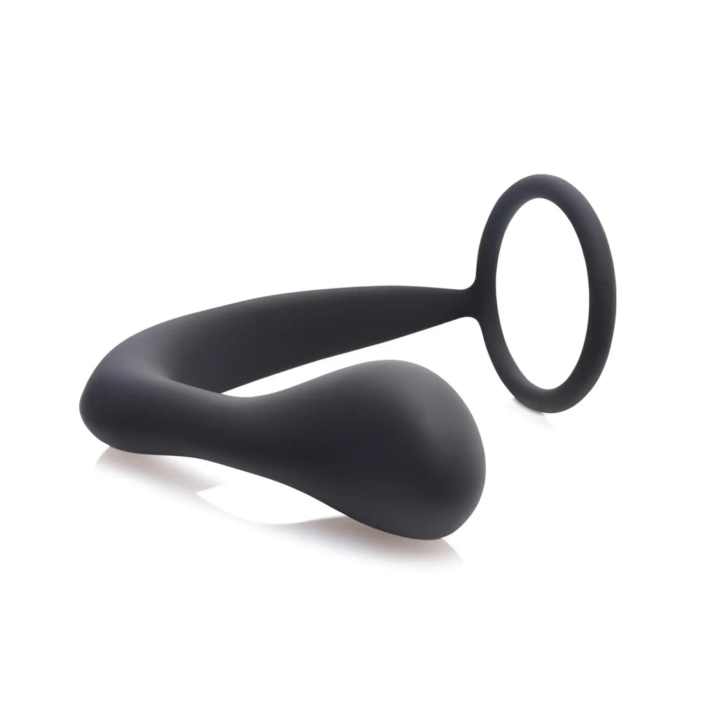 Prostatic Play Explorer II: A smooth, matte black prostate stimulator connected to a flexible silicone cock ring.