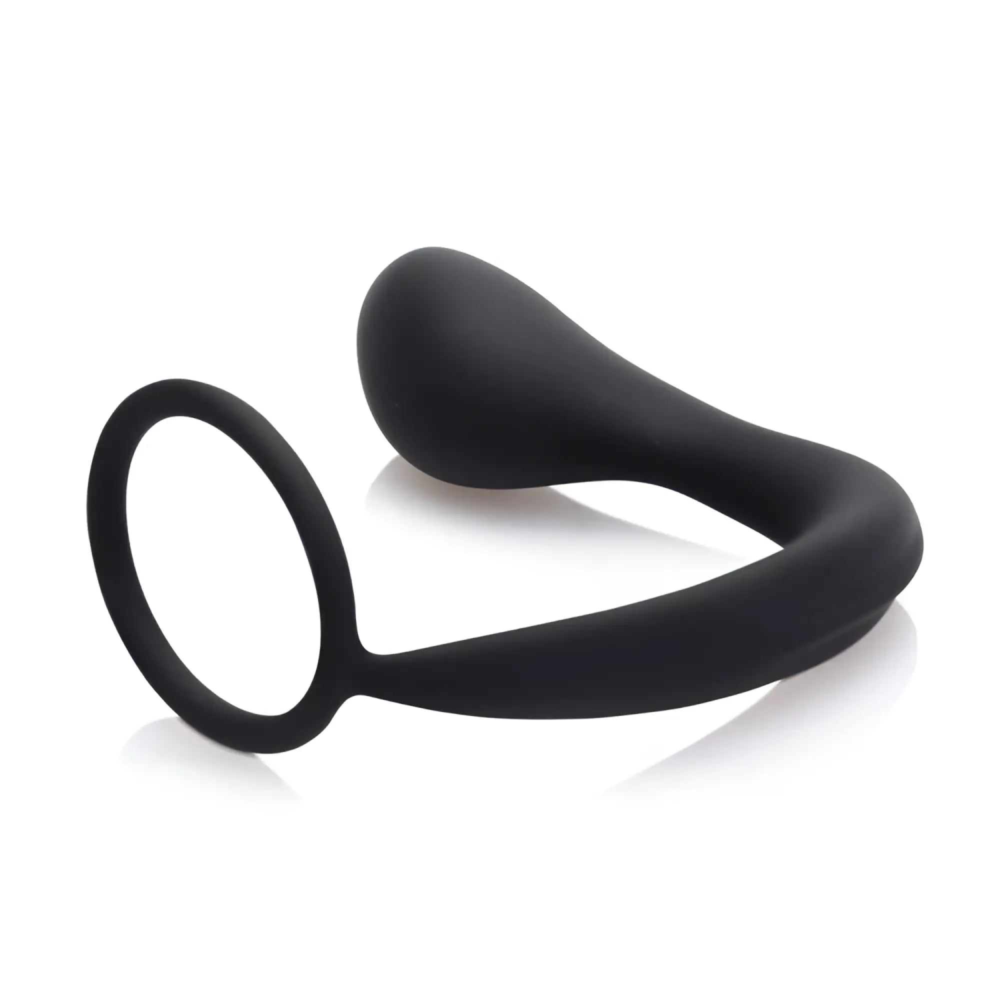 Prostatic Play Explorer II: Black, smooth silicone prostate stimulator with an integrated cock ring.