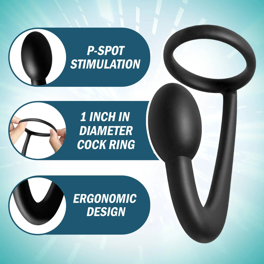 Prostatic Play The Explorer: Black silicone cock ring and prostate plug with ergonomic, curved design for stimulation.