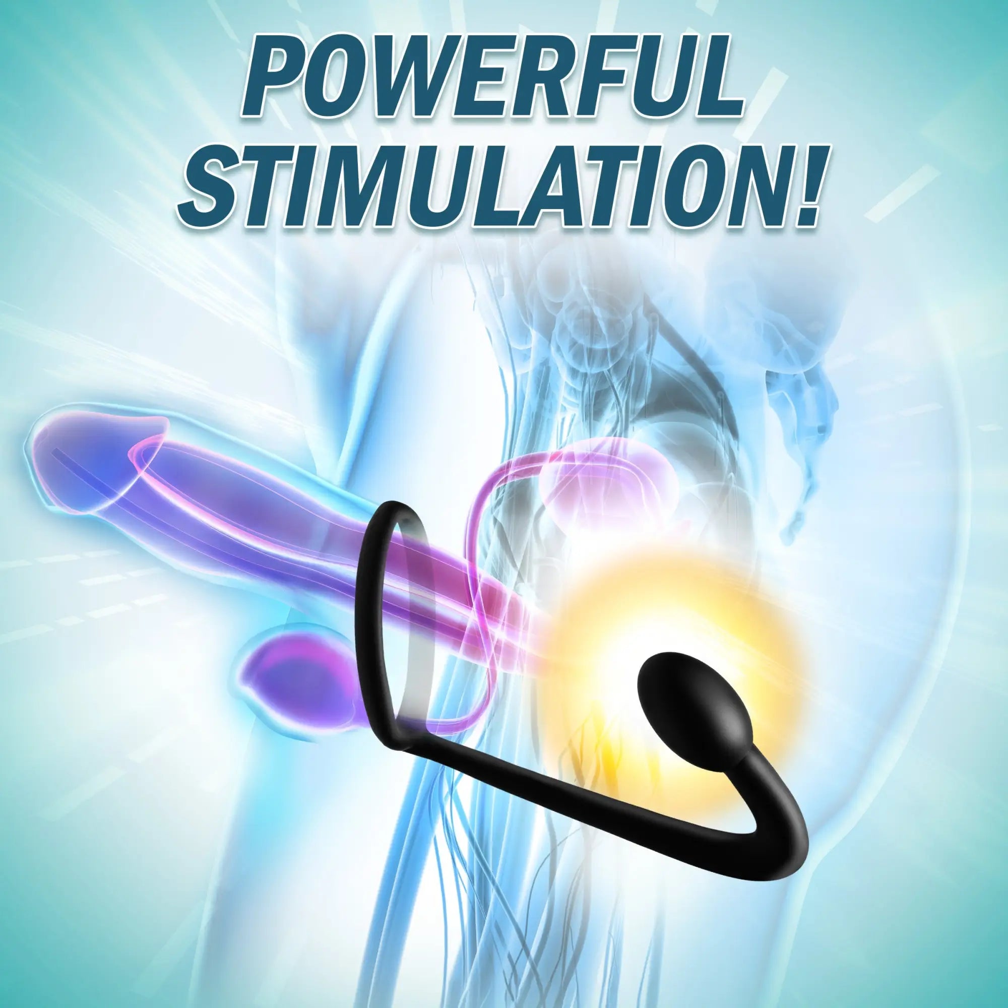 Prostatic Play The Explorer: A black, dual-purpose silicone cock ring and prostate plug shown over a medical diagram.