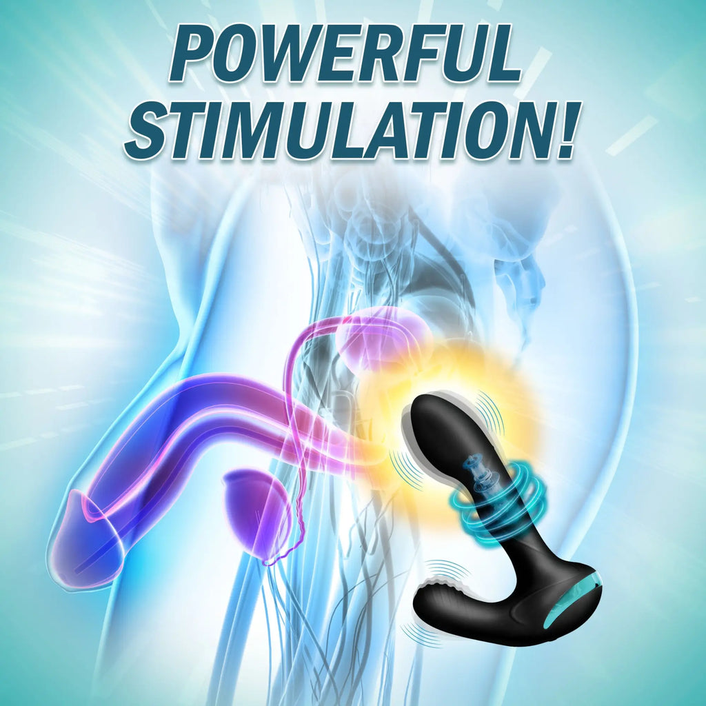 Prostatic Play Maverick: Black silicone prostate stimulator shown against an anatomical diagram with a "Powerful" label.
