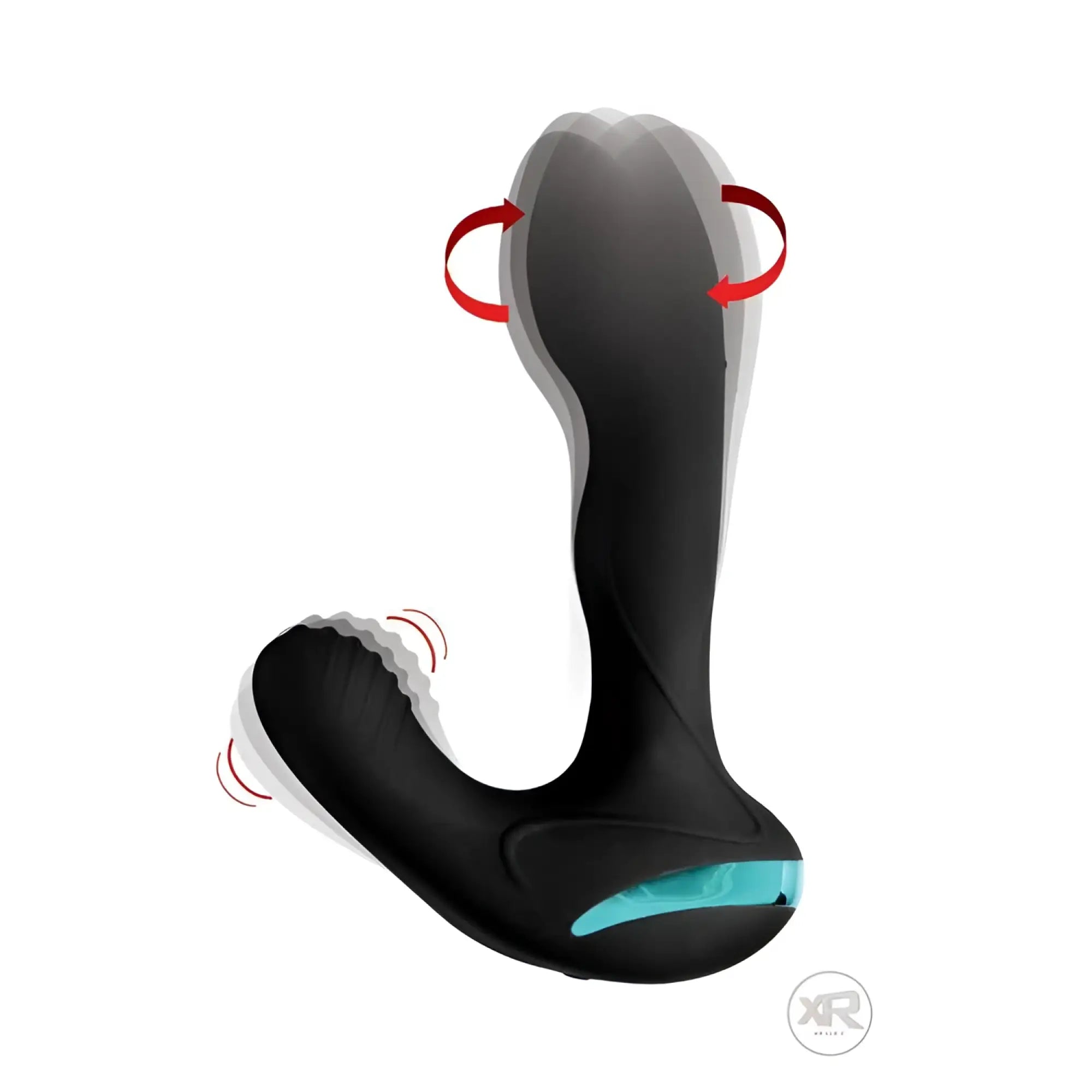 Black Maverick silicone prostate stimulator featuring an ergonomic curved design with motion arrows indicating rotation.