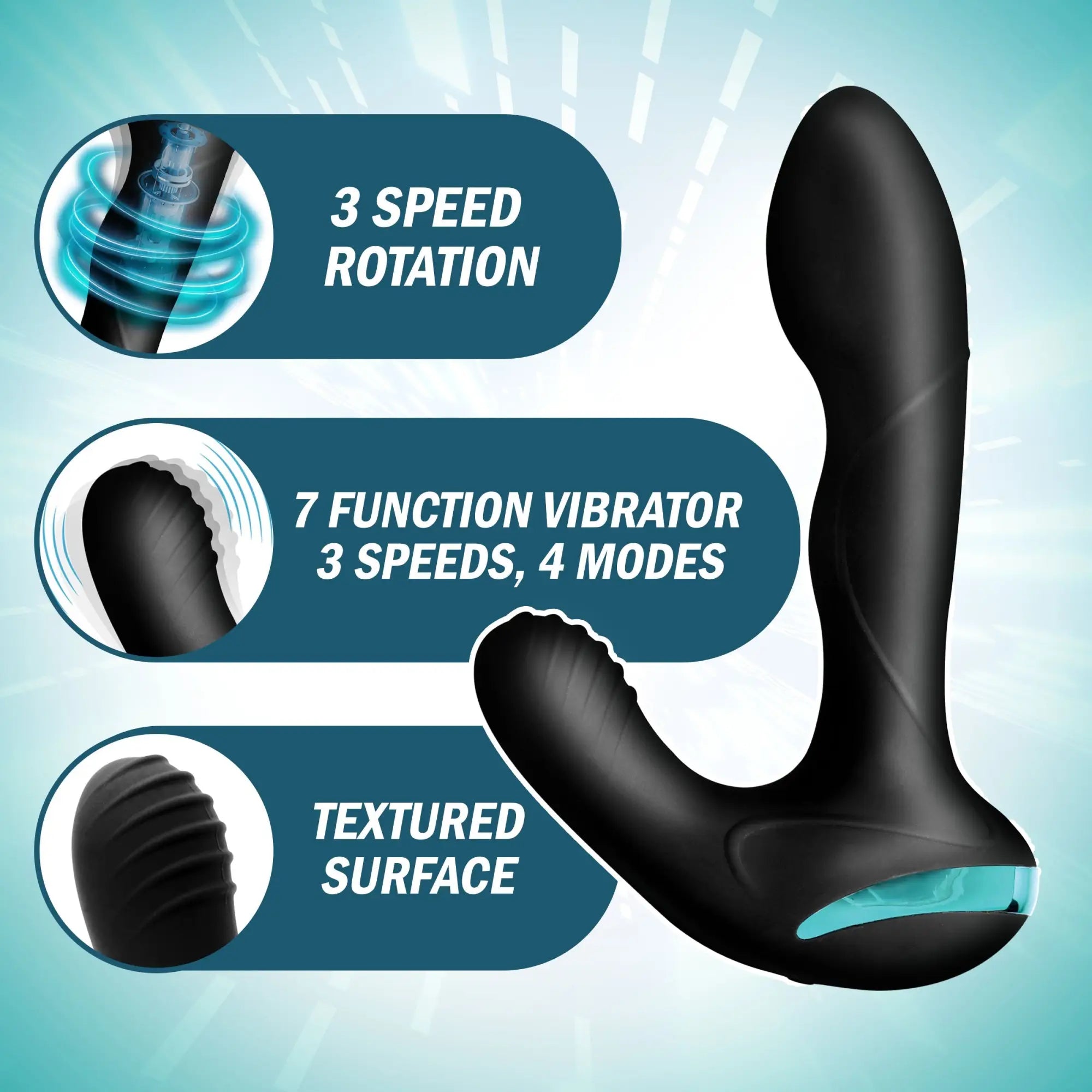 Prostatic Play Maverick: Black silicone prostate stimulator with a textured head, 3-speed rotation, and 7 vibration modes.