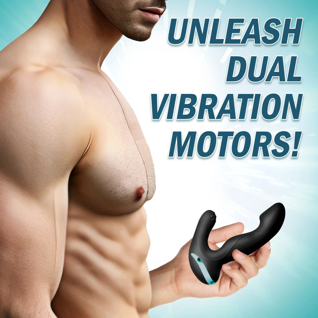 A man holding the black, curved Mega Maverick 10X prostate stimulator, with text advertising dual vibration motors.