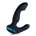 Prostatic Play Mega Maverick: matte black, curved silicone prostate stimulator with a teal accent base on white.