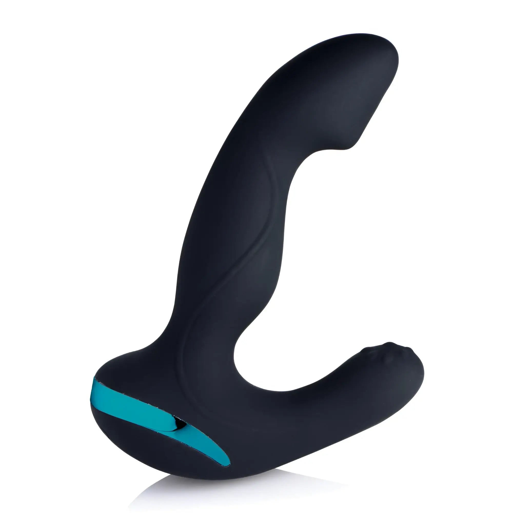 Prostatic Play Mega Maverick: matte black, curved silicone prostate stimulator with a teal accent base on white.