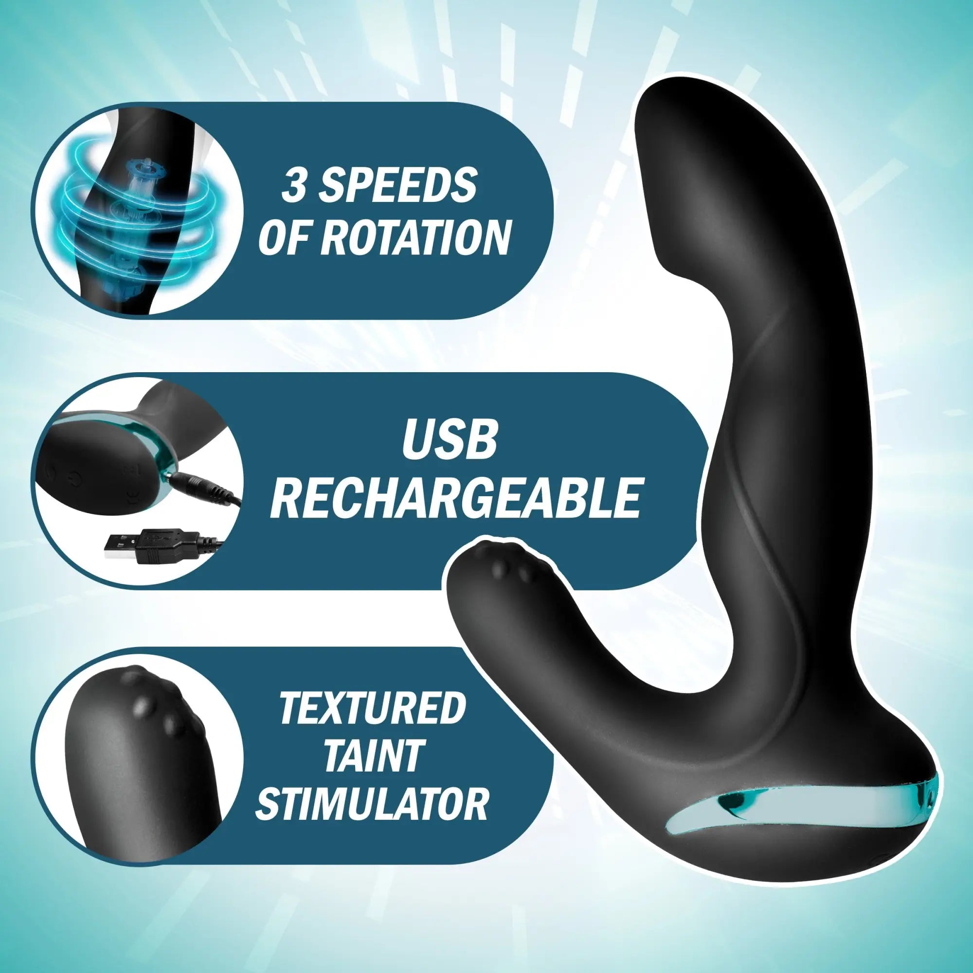 Black Prostatic Play Mega Maverick prostate stimulator featuring rotation, USB charging, and textured external stimulator.