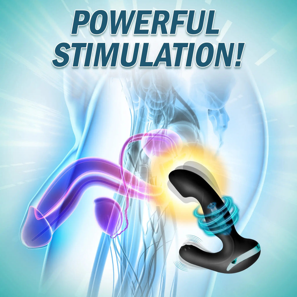 Prostatic Play Mega Maverick: Black, curved prostate massager shown in an anatomical diagram with blue motion rings.