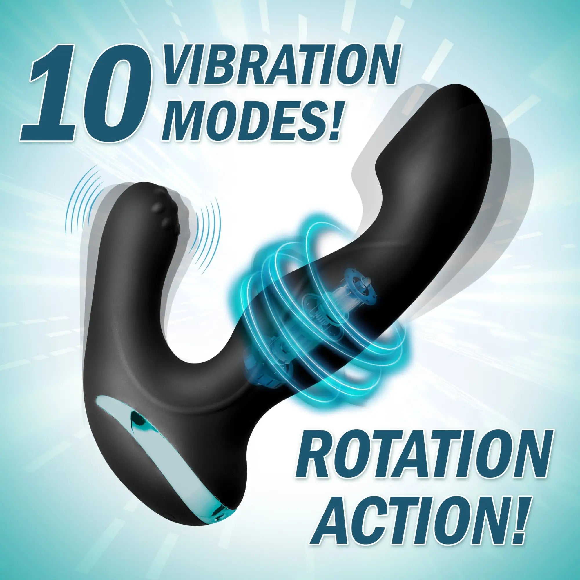 Black Prostatic Play Mega Maverick prostate stimulator featuring dual-curved design, rotation, and 10 vibration modes.