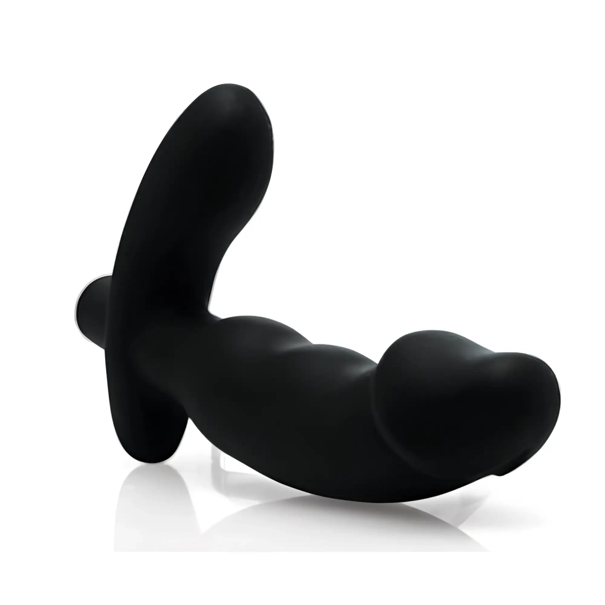 Prostatic Play Nomad: A matte black, curved silicone prostate vibrator with an ergonomic base and textured shaft.