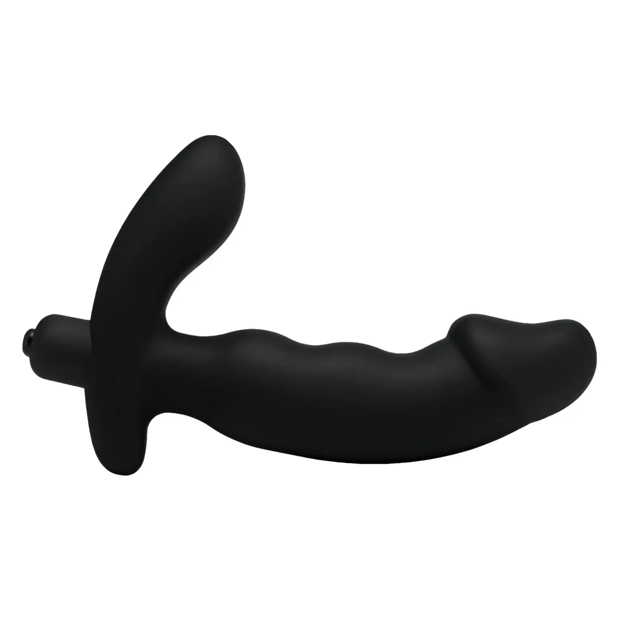 Prostatic Play Nomad: A matte black, ergonomic silicone prostate vibrator with a curved, T-shaped base.