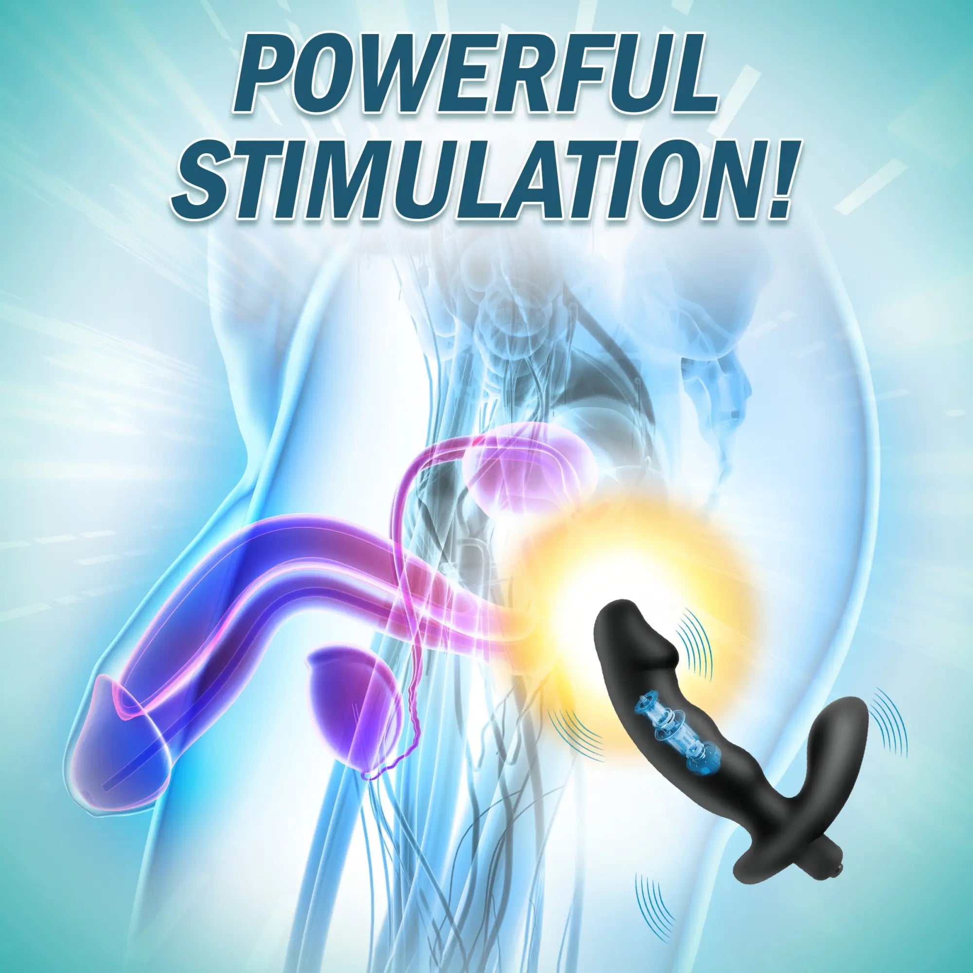 Prostatic Play Nomad black silicone prostate vibe shown against a medical-style illustration of the male anatomy.