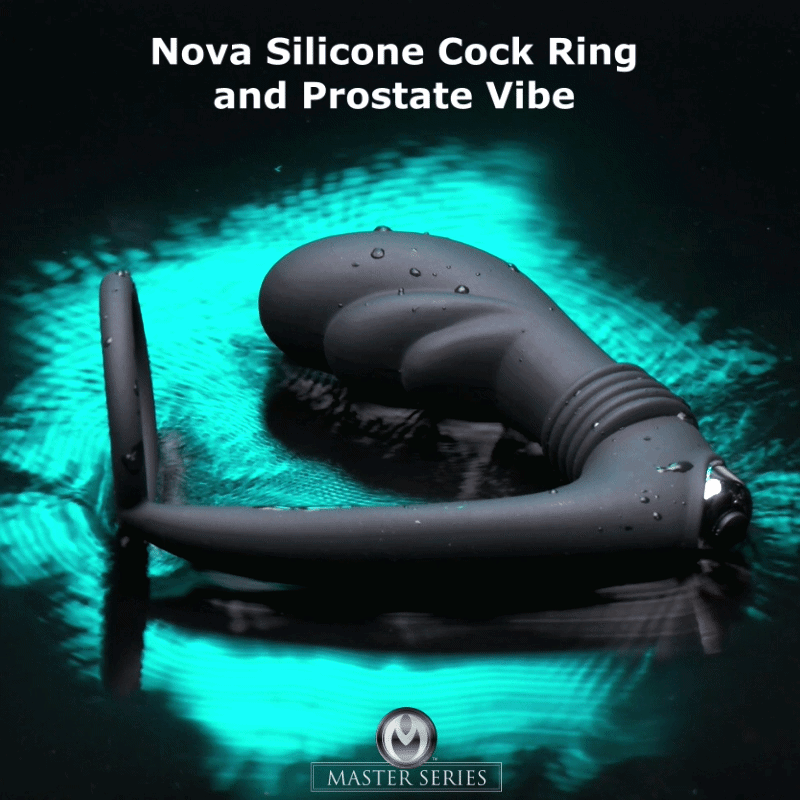 Grey Prostatic Play Nova silicone cock ring and prostate vibe, featuring a curved, ribbed design on a teal light base.