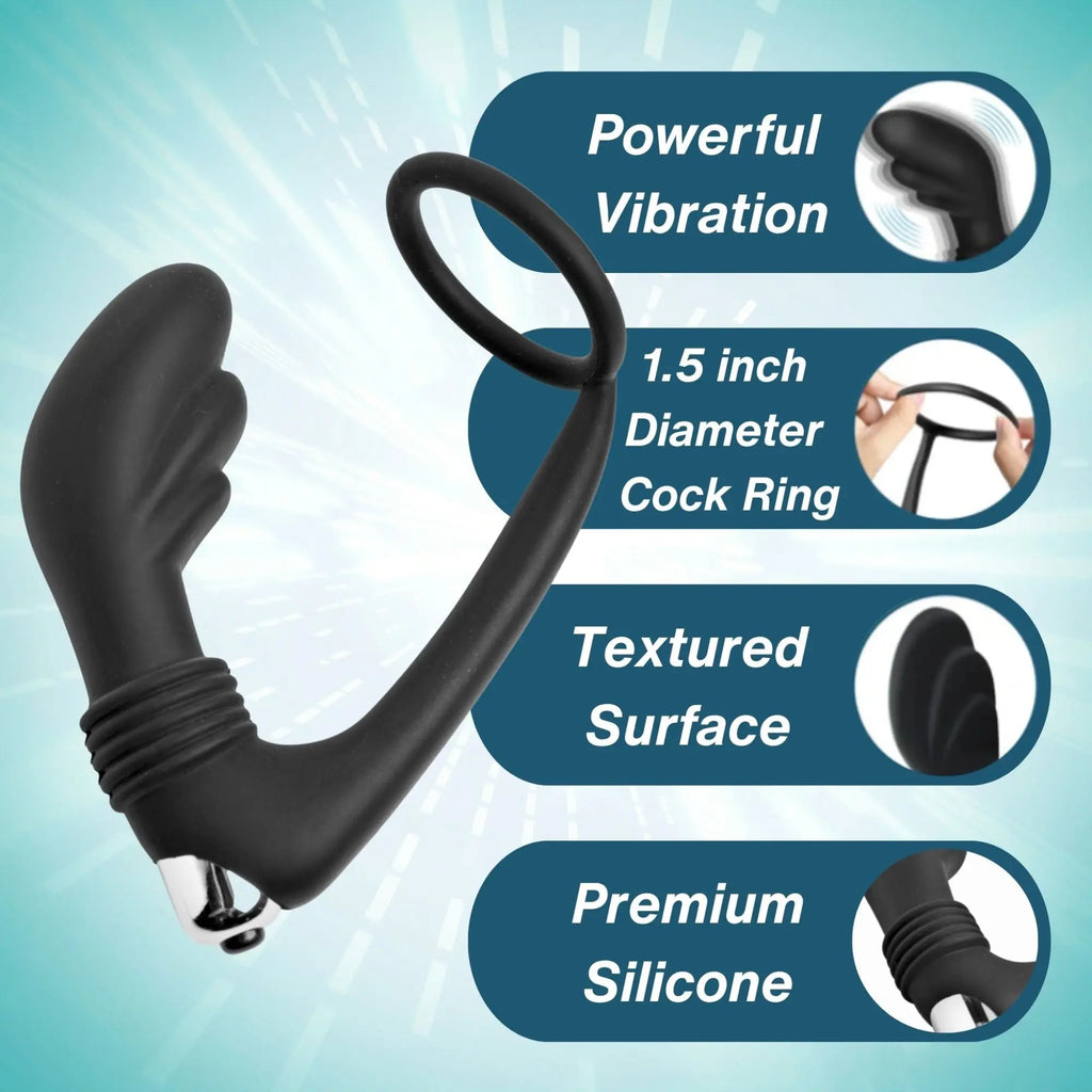 Prostatic Play Nova black silicone cock ring and prostate vibe with a textured, curved design and feature callouts.