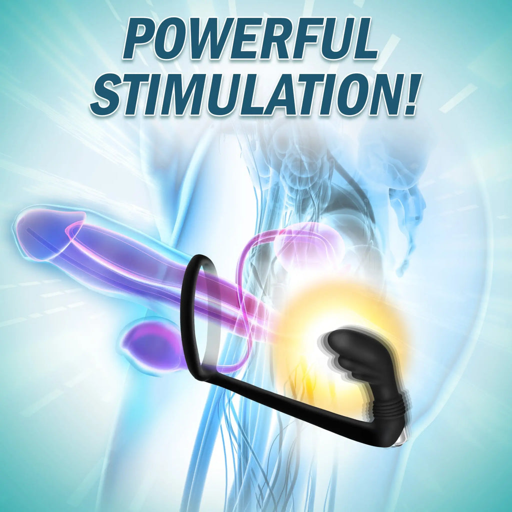 Prostatic Play Nova black silicone cock ring and prostate vibe shown in an anatomical diagram with "Powerful Stimulation!"
