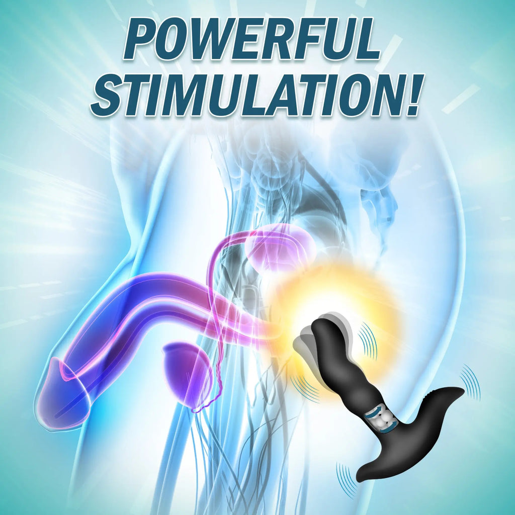 Anatomical illustration of a black Rimstatic curved rotating plug demonstrating placement for prostate stimulation.