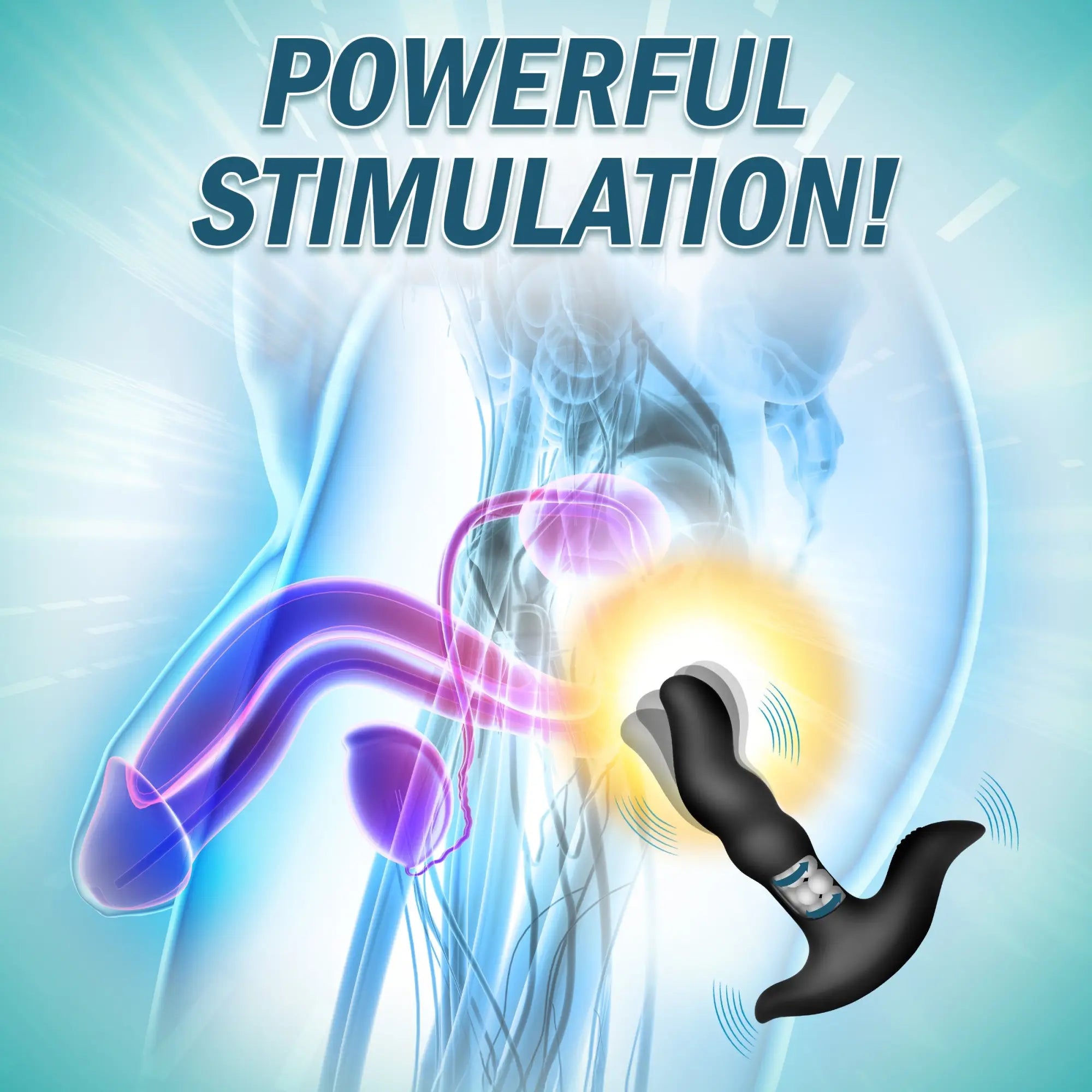 Anatomical illustration of a black Rimstatic curved rotating plug demonstrating placement for prostate stimulation.