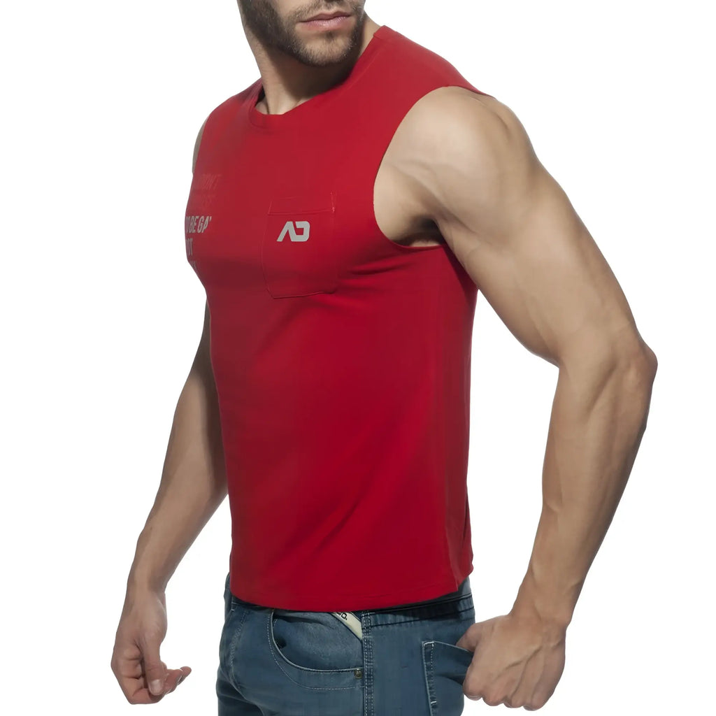 Red sleeveless athletic tank top with a small white logo on the chest for proud 2 be gay t shirt collection