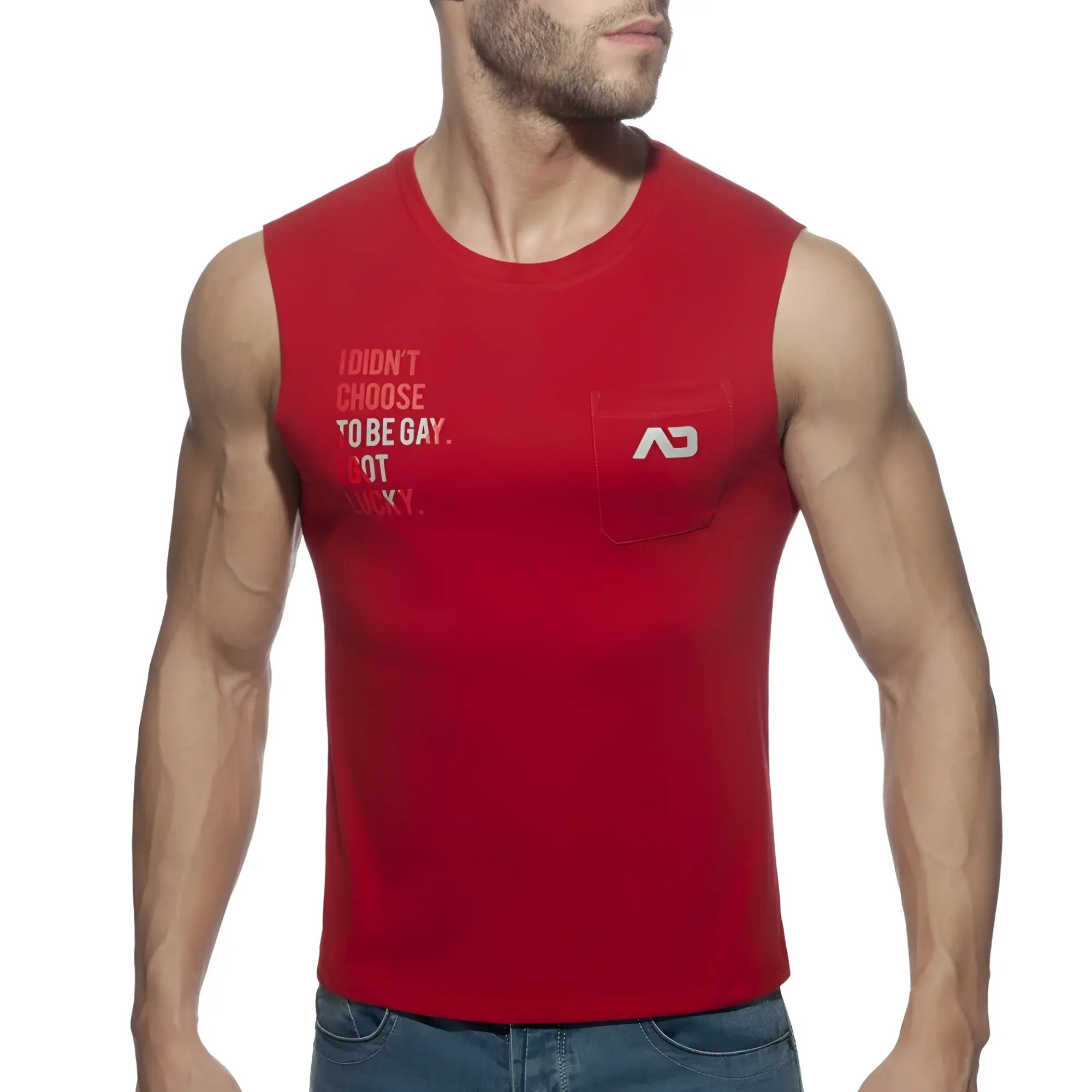 Red sleeveless tank top with chest pocket and white text i didnt choose to be gay from proud 2 be gay t shirt