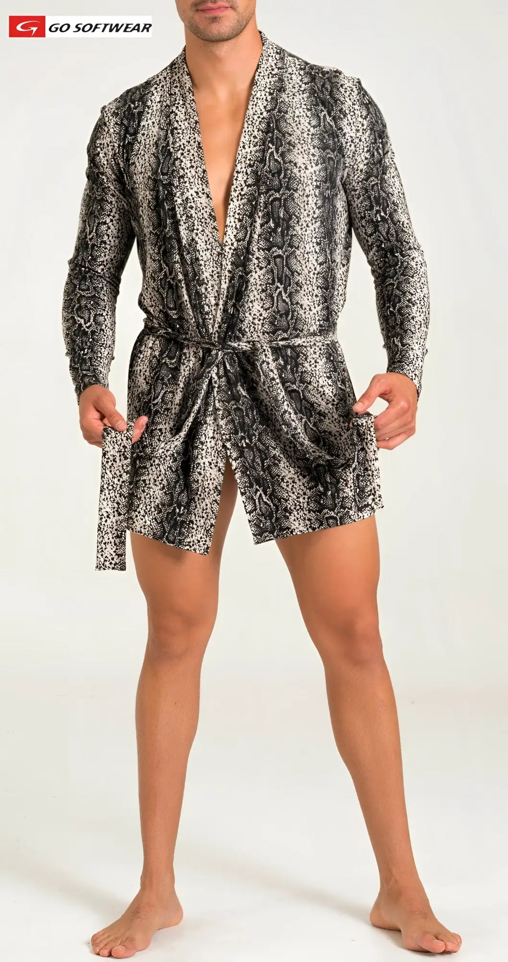 A men’s long-sleeved prowl python robe with black and gray snake print and a belted waist with draped fabric