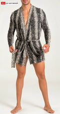 A men’s long-sleeved prowl python robe with black and gray snake print and a belted waist with draped fabric