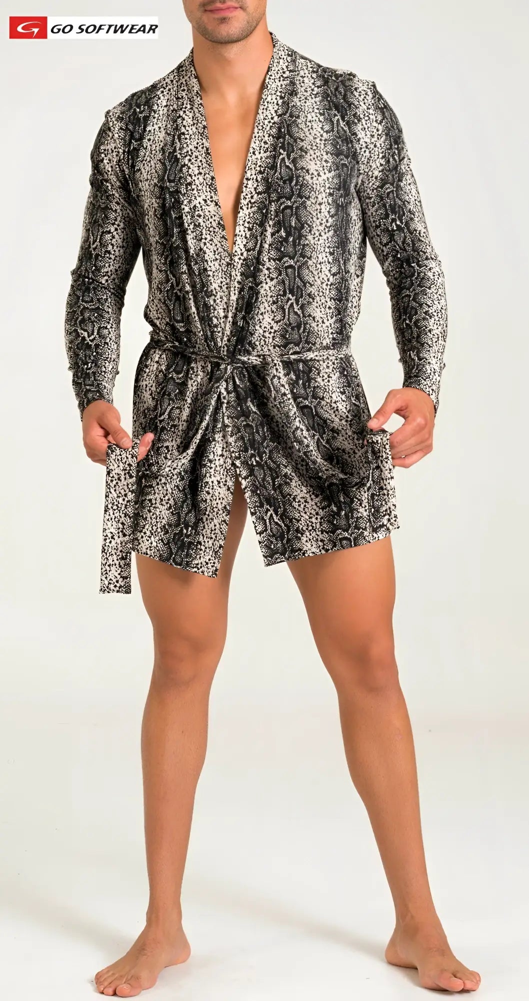 A men’s long-sleeved prowl python robe with black and gray snake print and a belted waist with draped fabric