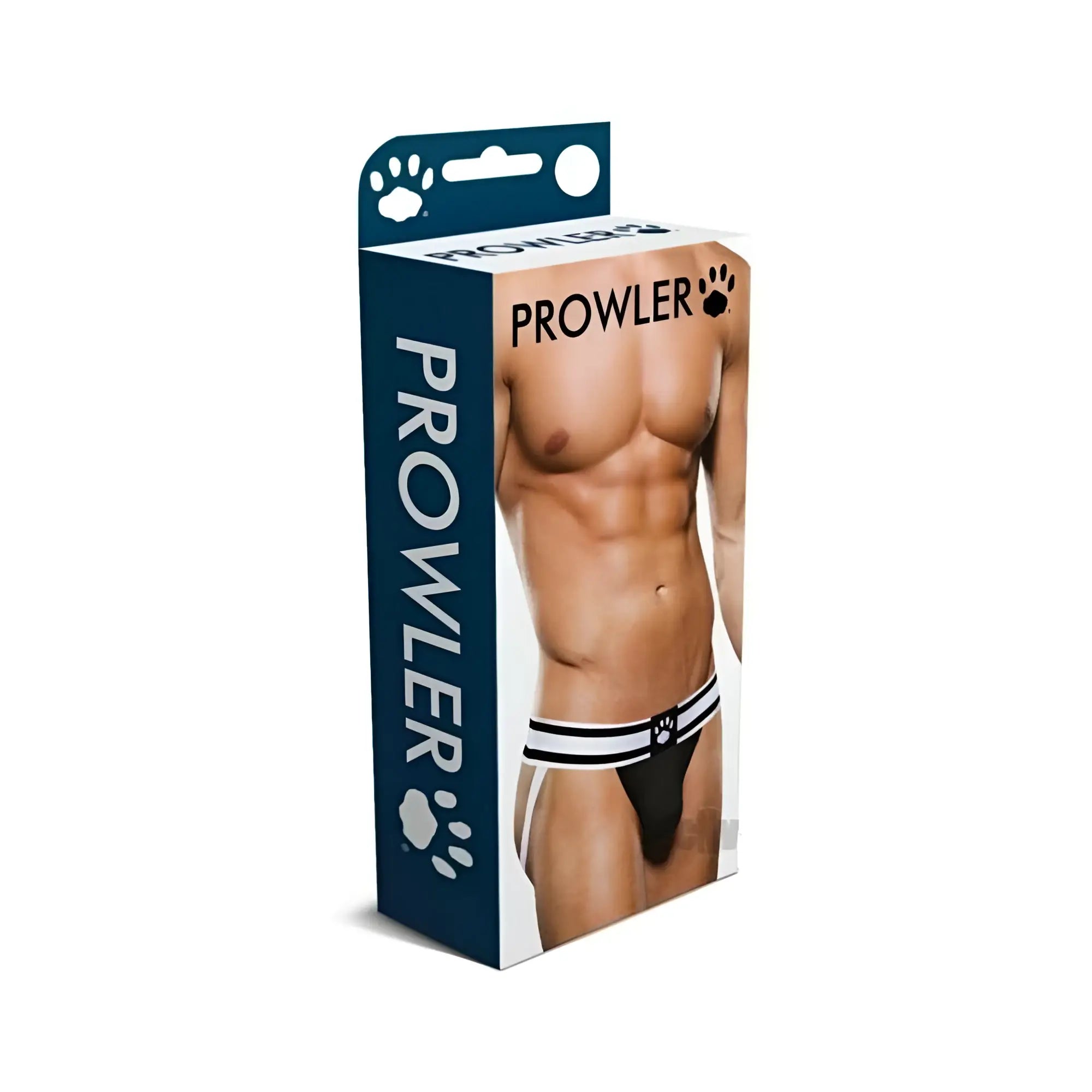 Prowler black and white striped briefs in a product box showcasing the front design in size small