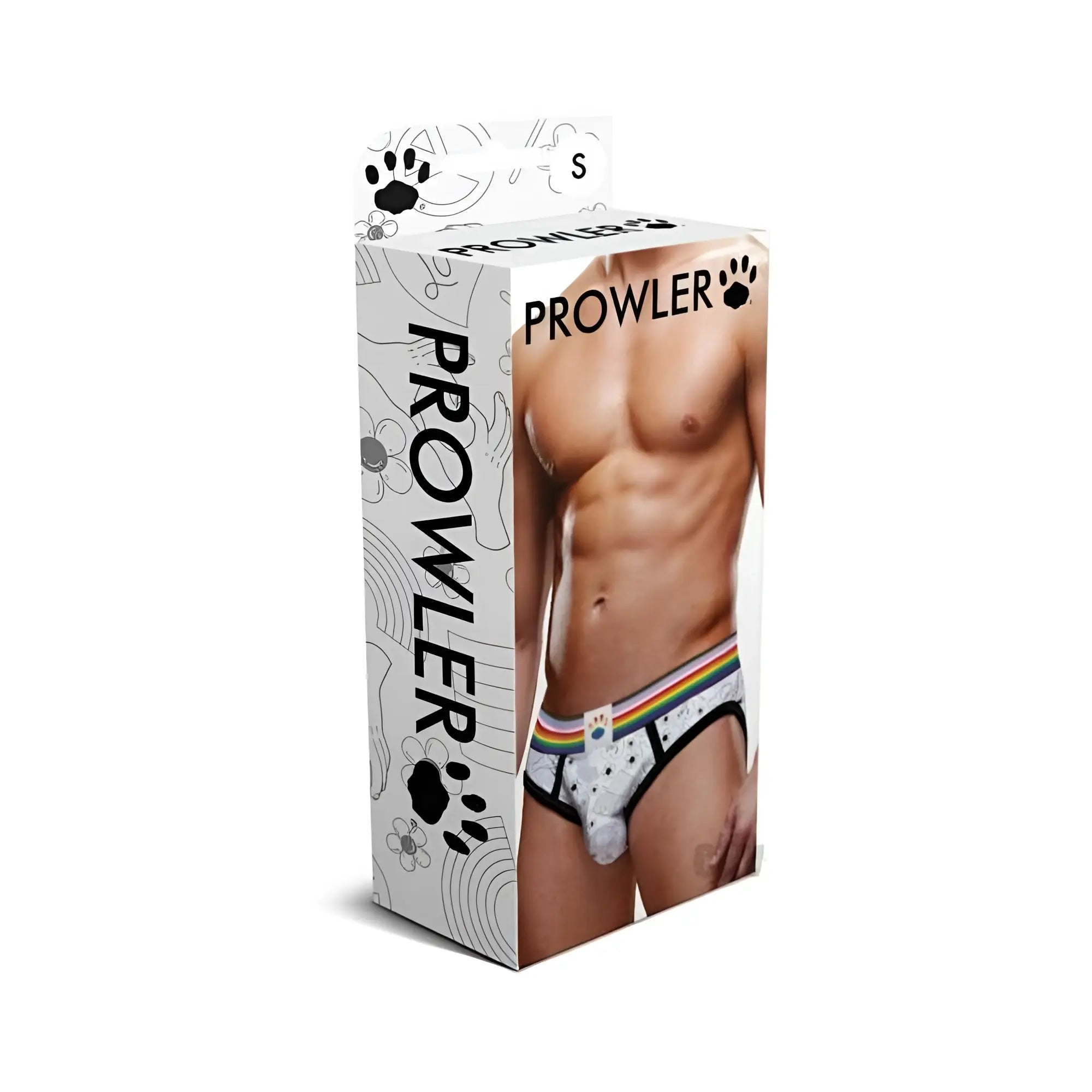 White briefs with rainbow stripe and black trim featuring a front paw print design prowler pride love peace 3 brief xl rnbw