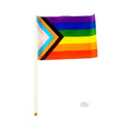 A vibrant prowler progressive flag handheld with rainbow and black blue pink chevron on a white plastic stick