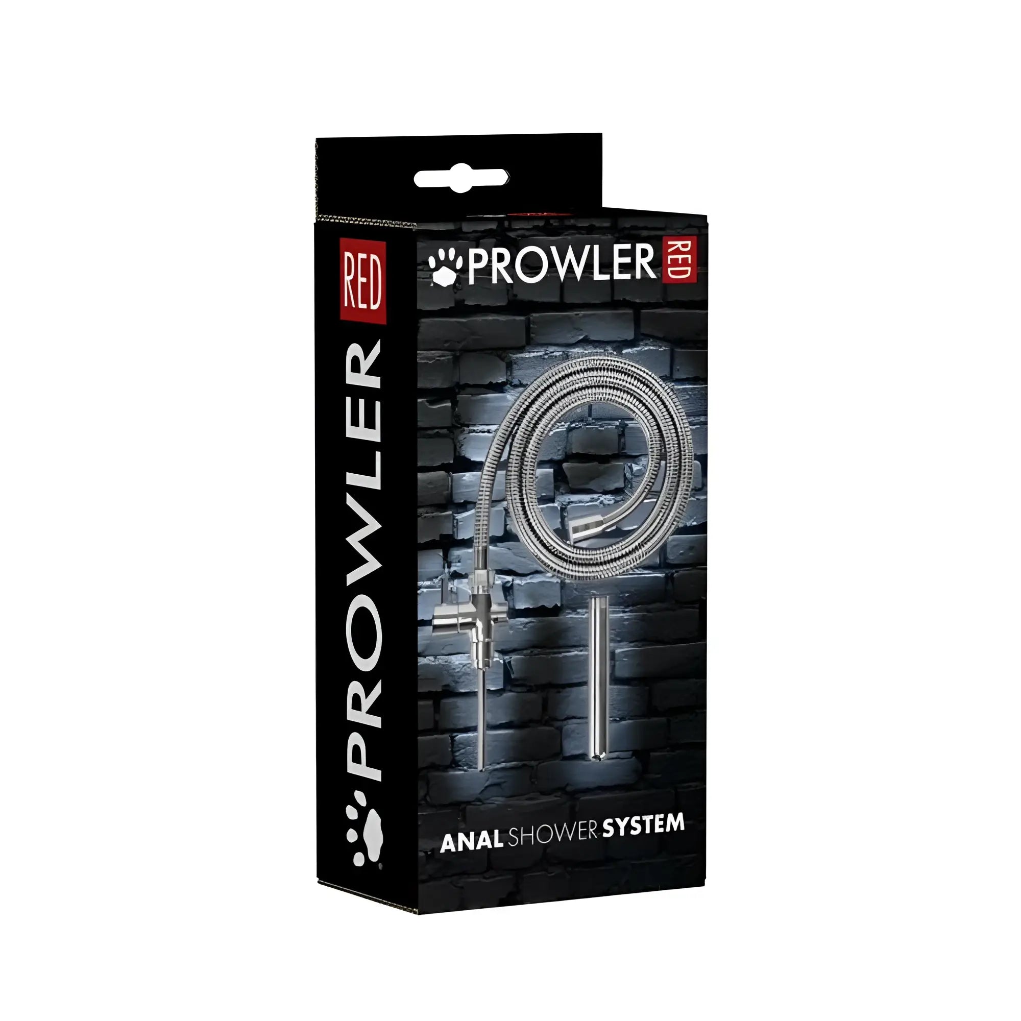 Silver metallic prowler red anal shower system with flexible braided hose and adjustable nozzle in black box packaging
