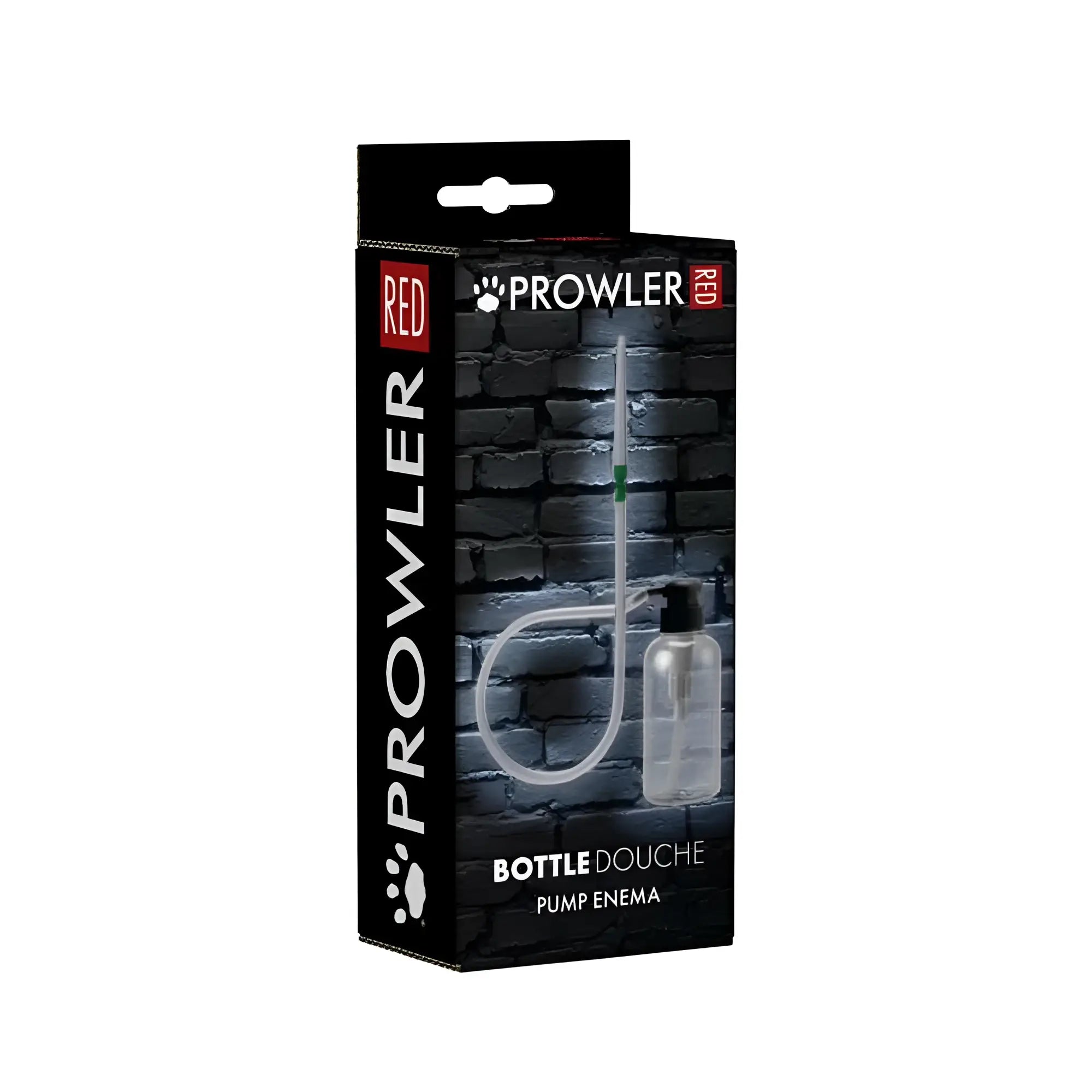 Prowler red bottle douche pump enema in clear plastic packaging with black brick background design