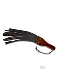 Black leather flogger with polished wooden handle and metal rivets from prowler red leather wood fringe blk collection