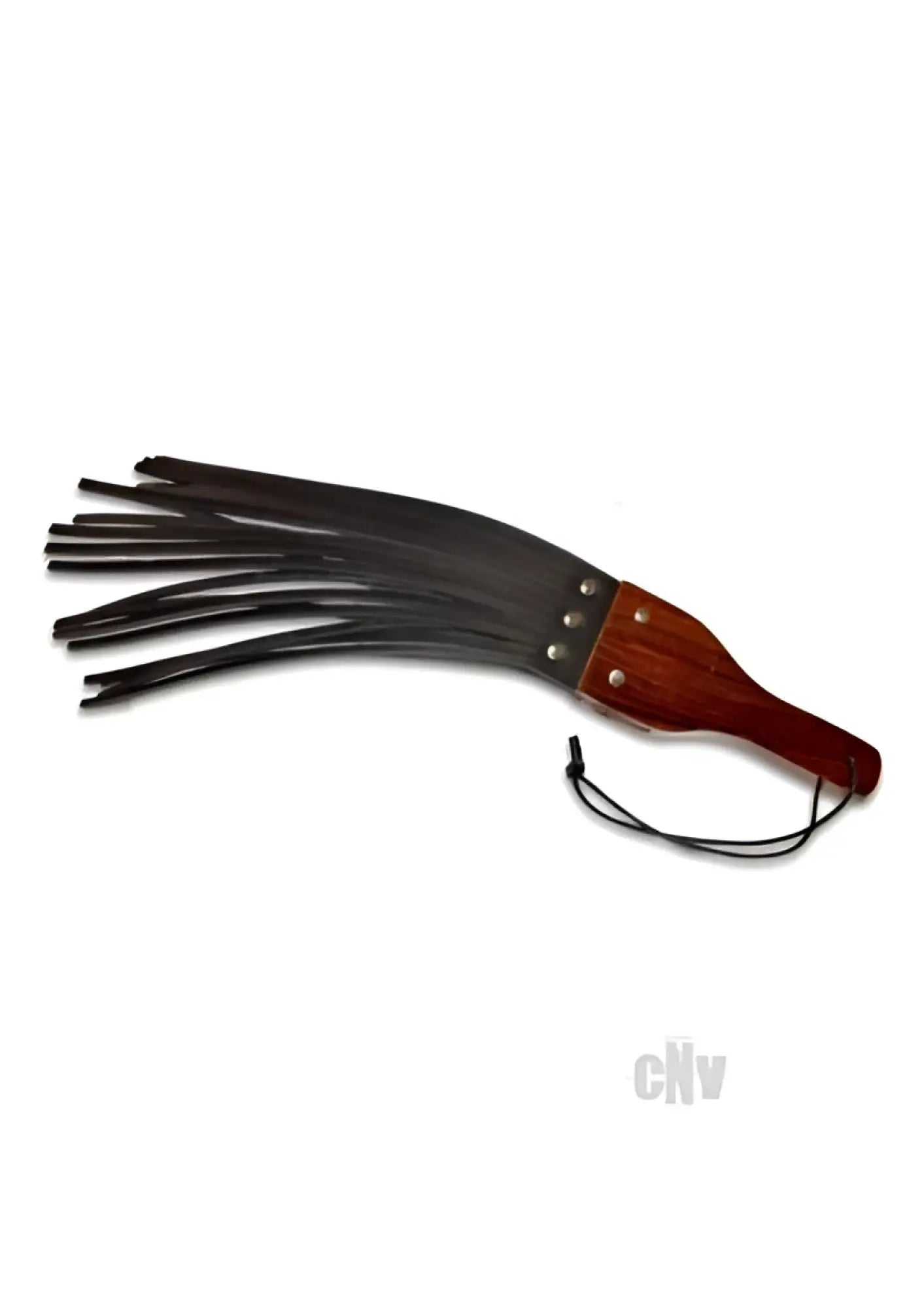 Black leather flogger with polished wooden handle and metal rivets from prowler red leather wood fringe blk collection