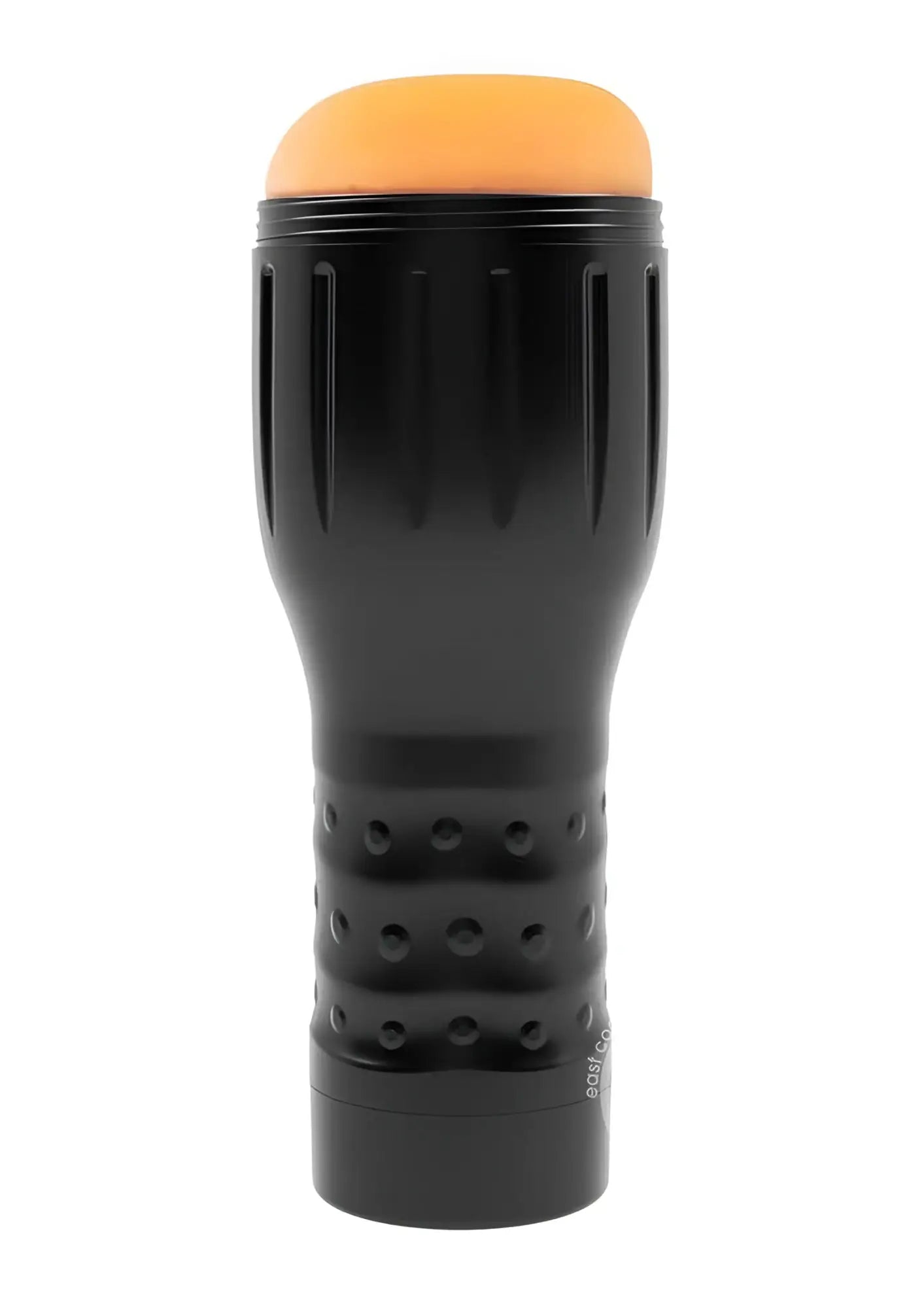 Black plastic prower red manhole stroker with orange silicone tip and textured grip sections for adult use