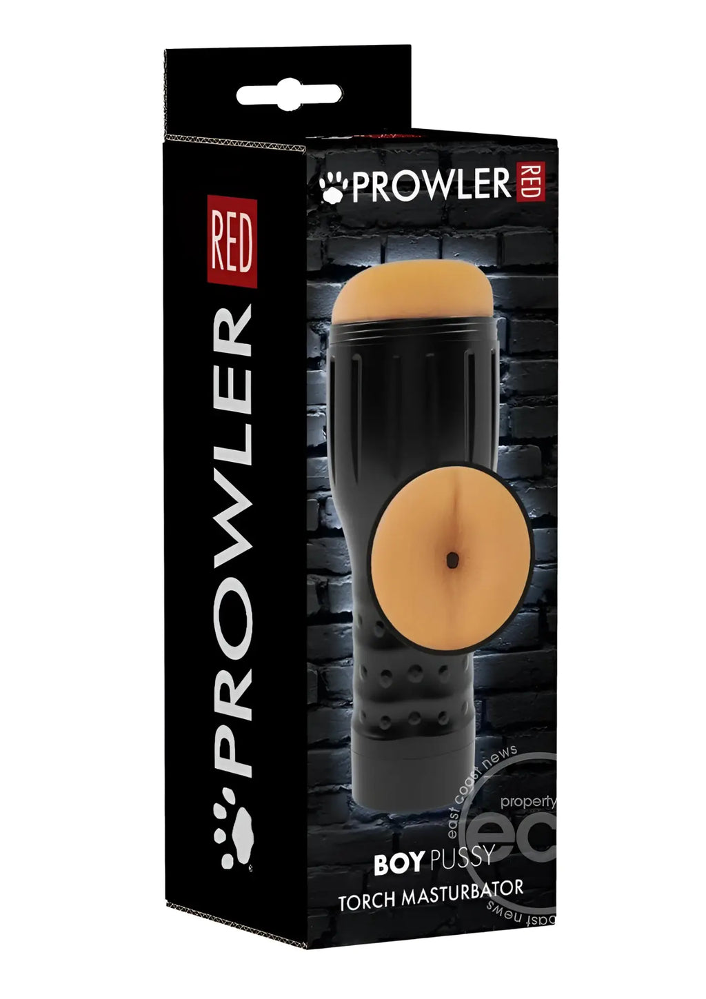 Black and tan silicone torch masturbator with textured grip branded as Prowler Red in PROWLER RED MANHOLE STROKER