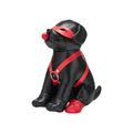 Black faux leather ninja dog figurine with red mask harness and paw accents named Prowler Red Puppy Booted Up Bandit