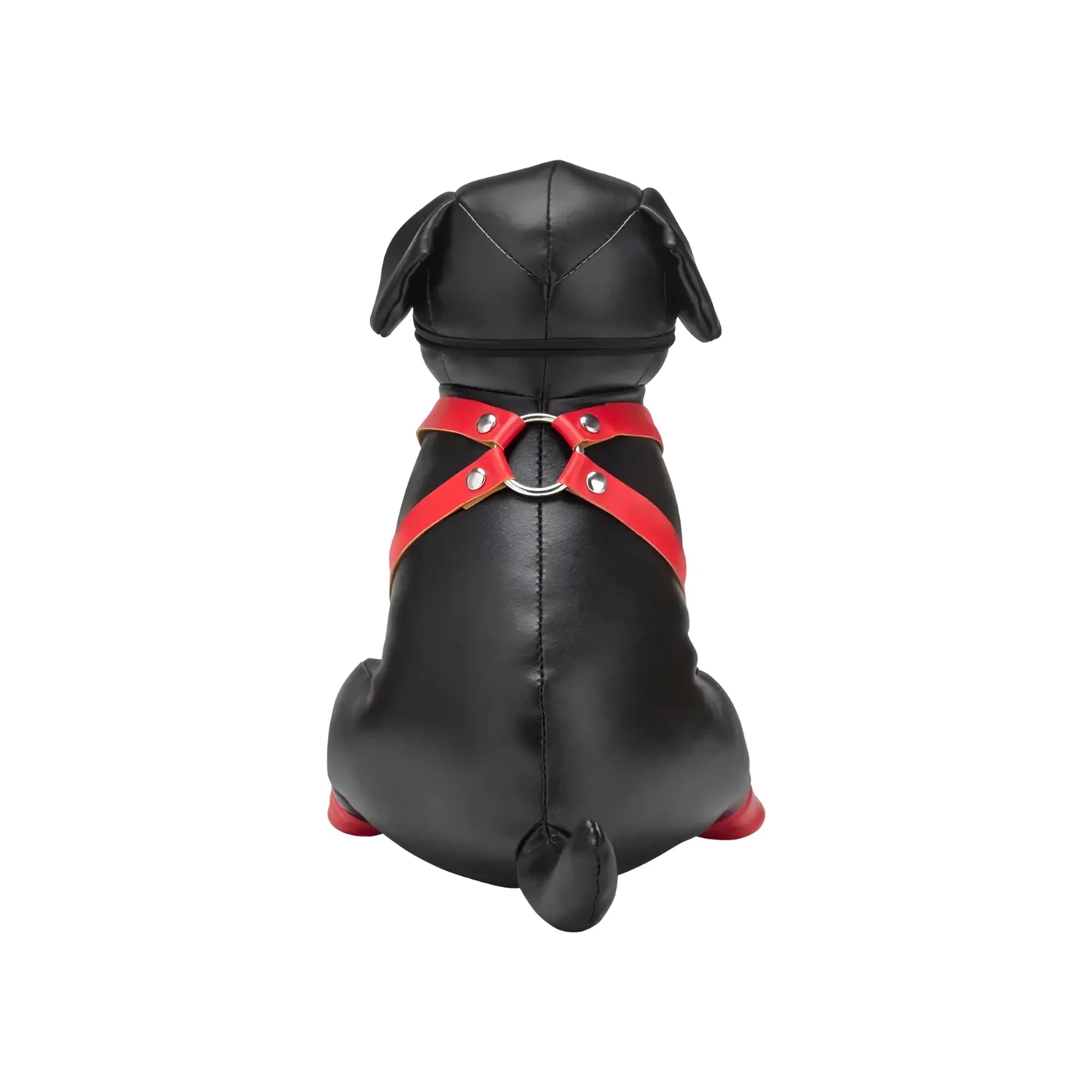 Black faux leather rottweiler dog figurine wearing red harness with silver hardware prowler red puppy booted up bandit