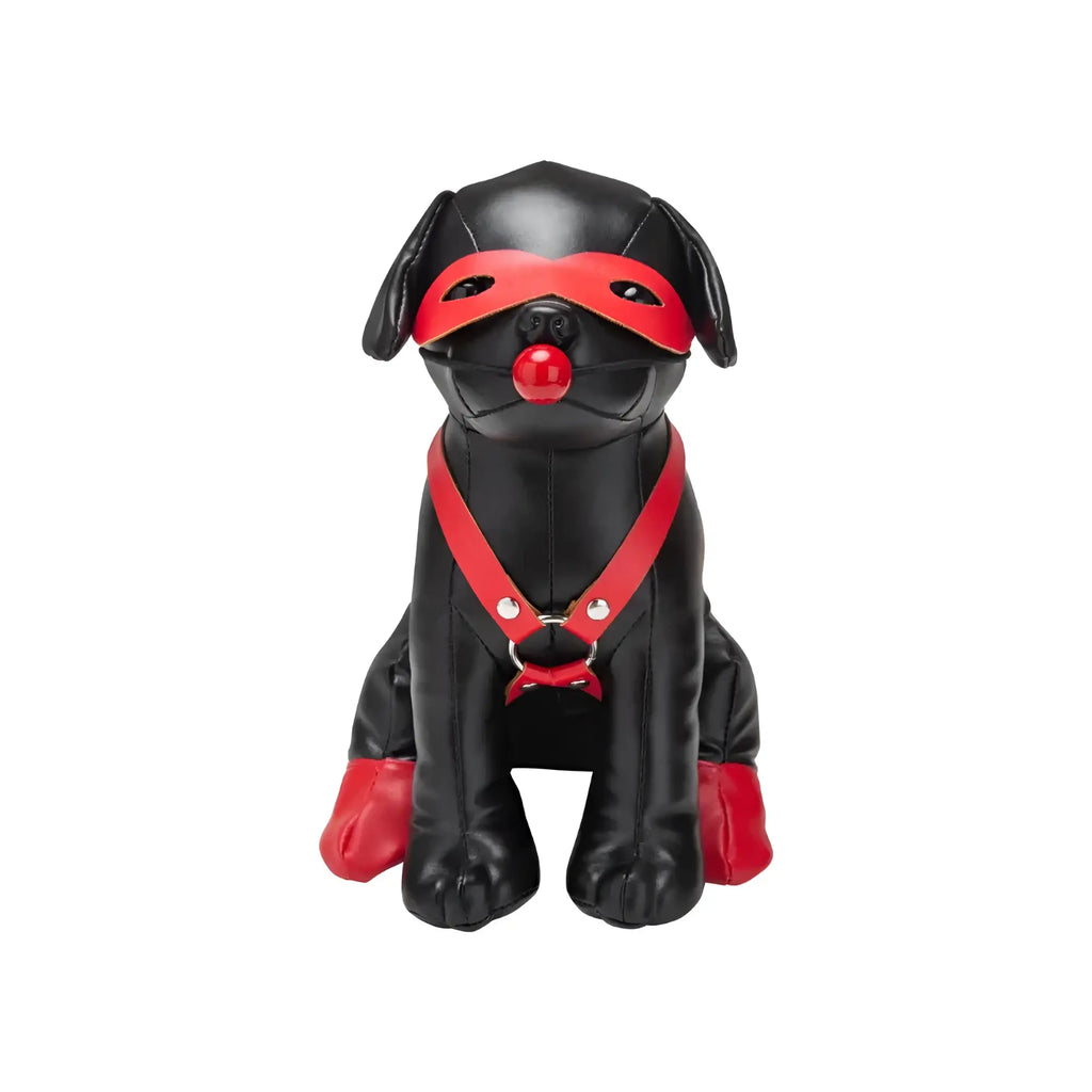 Black leather pug figurine wearing a red mask harness and paw pads from prowler red puppy booted up bandit product