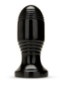 Black glossy plastic anal plug with ribbed texture and tapered design from the Prowler Red Ribbed Plug line