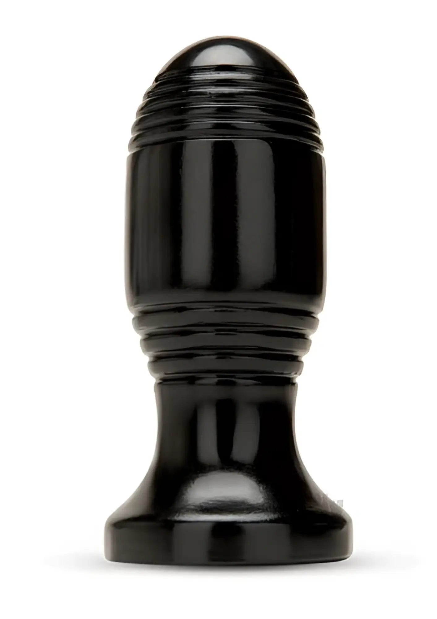 Black glossy plastic anal plug with ribbed texture and tapered design from the Prowler Red Ribbed Plug line