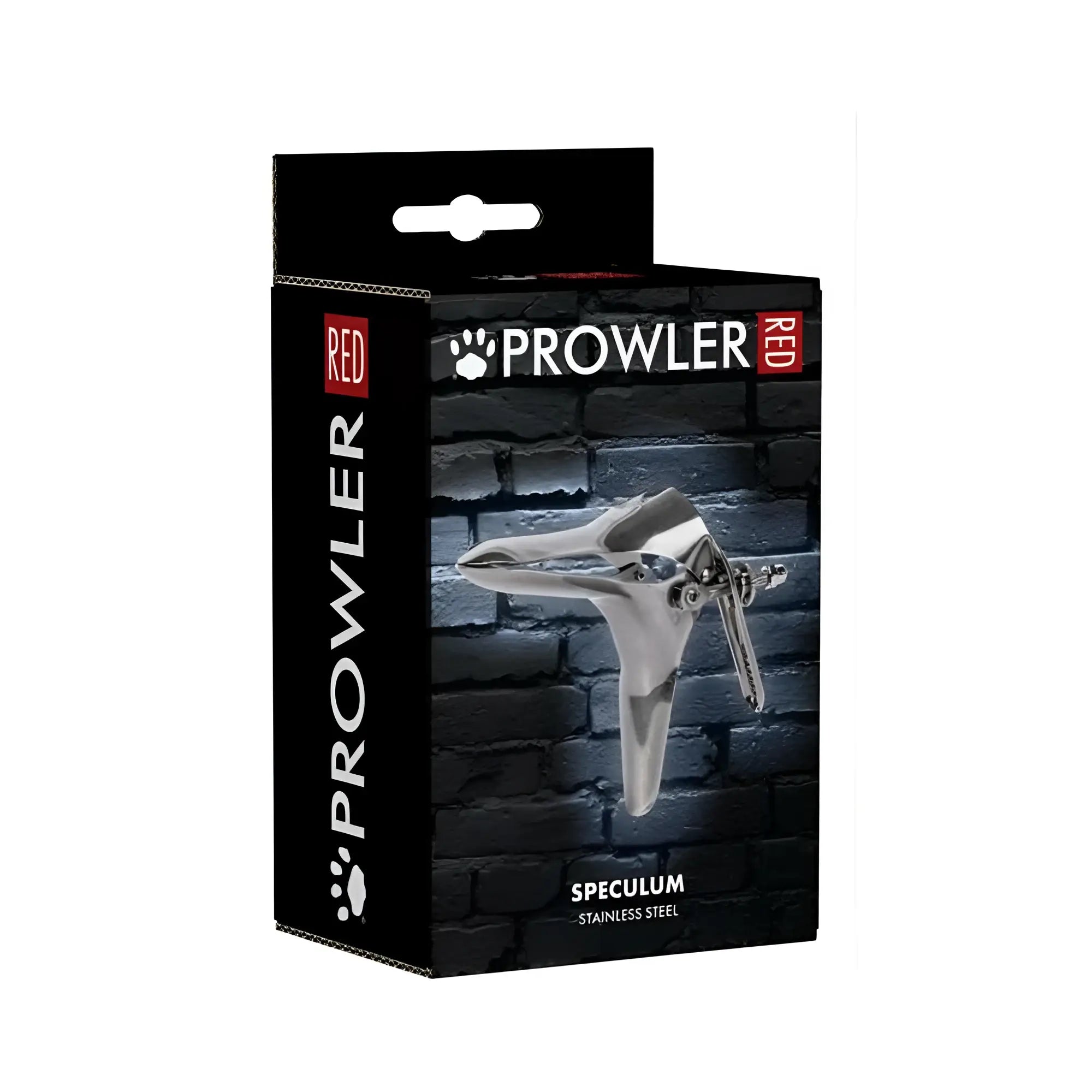 Silver stainless steel medical speculum by Prowler shown from the back for gynecological examinations