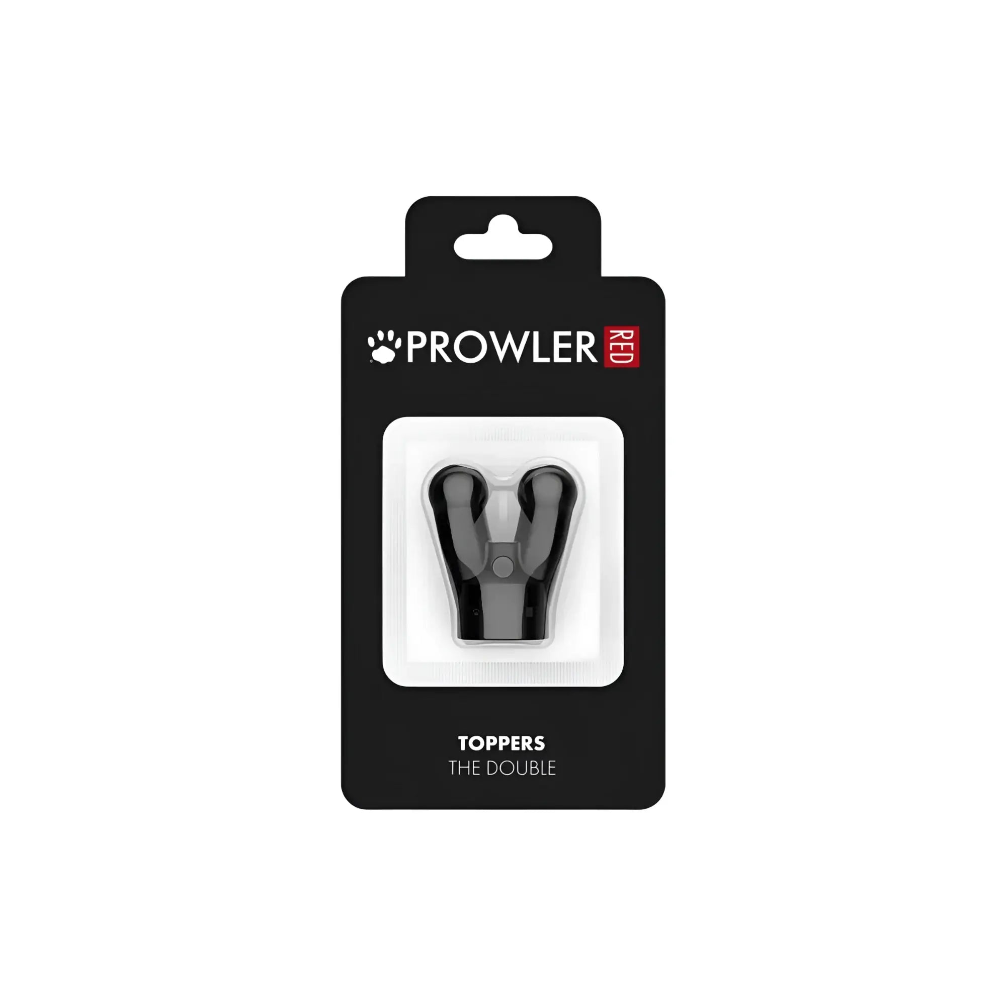 Black plastic dog toy with two prongs branded prowler red and labeled toppers the double in prowler red topper the double cap product