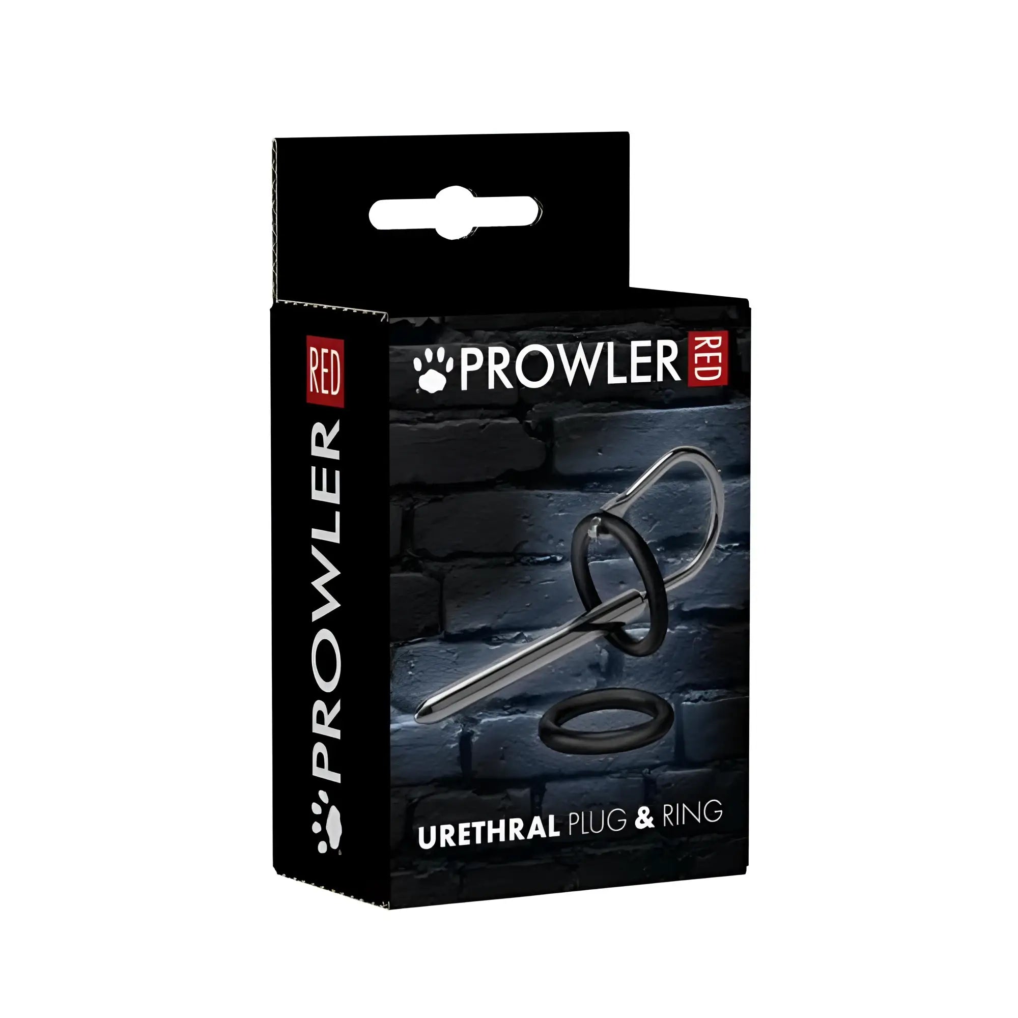 Black and silver prowler red urethral plug and ring set in packaging for intimate use and comfort