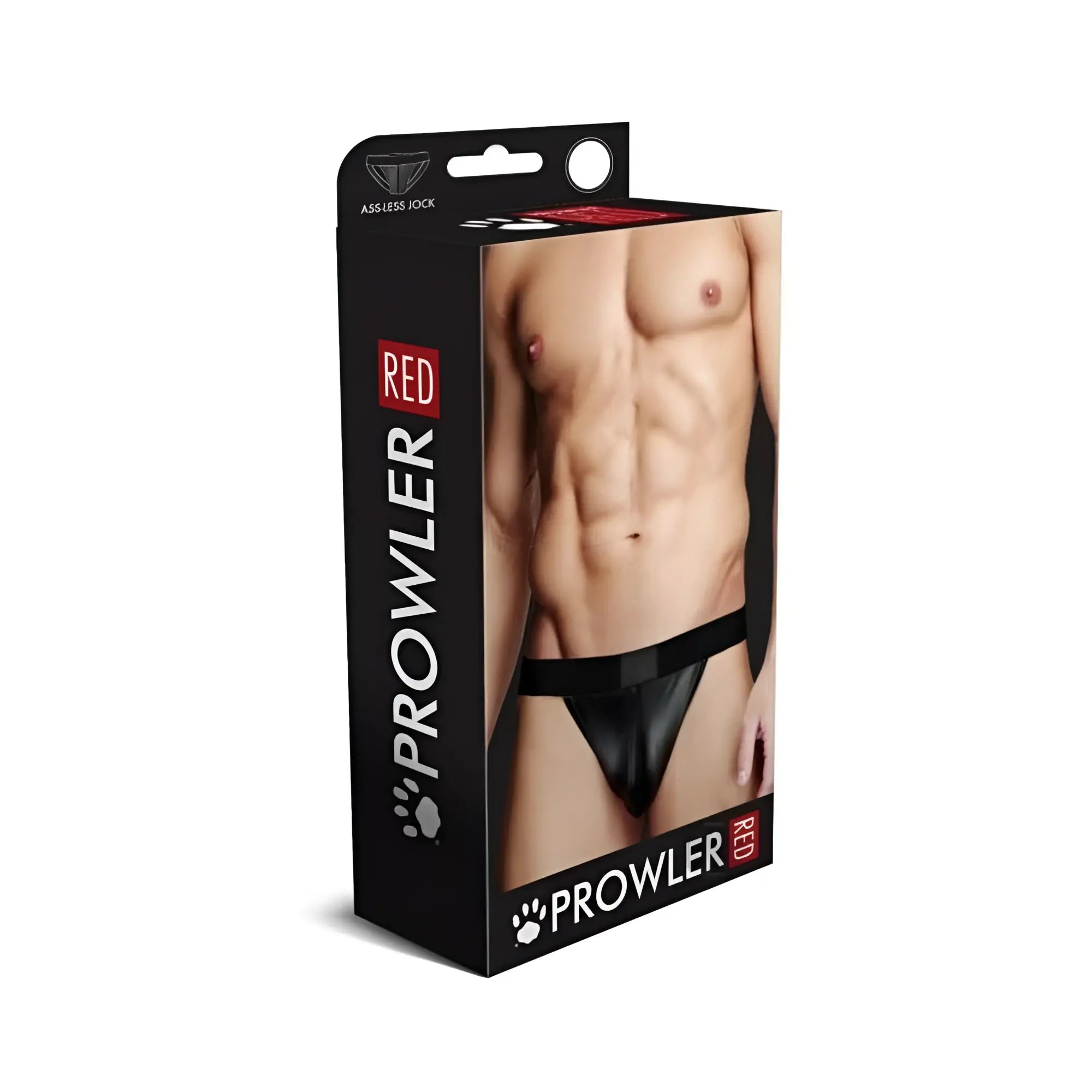 Black leather-like assless jockstrap with wetlook finish in branded box for XL size by Prowler Red