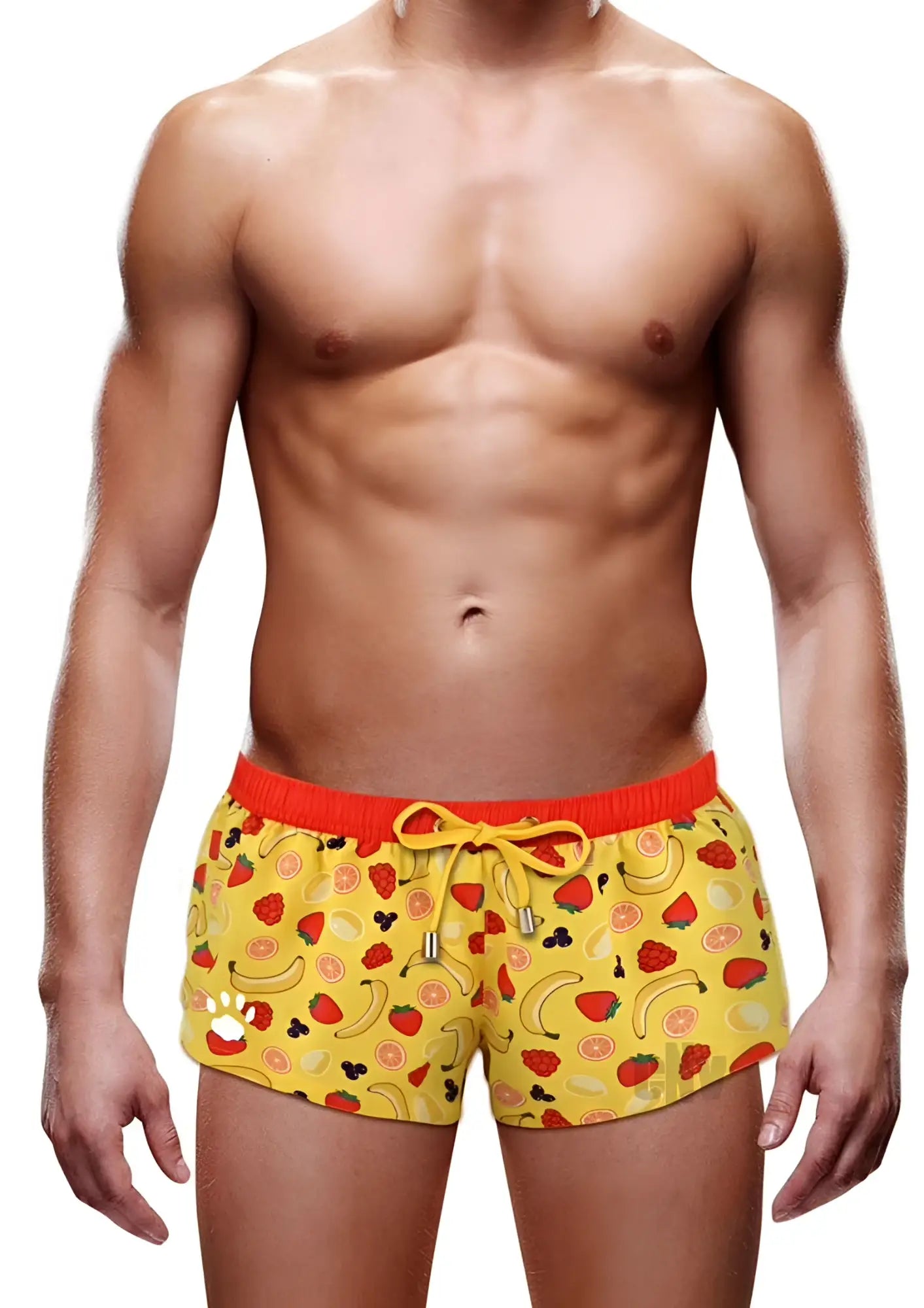 Yellow swim trunks with vibrant fruit pattern and orange waistband prowler swi tru fruit sm yell ss22 summer wear