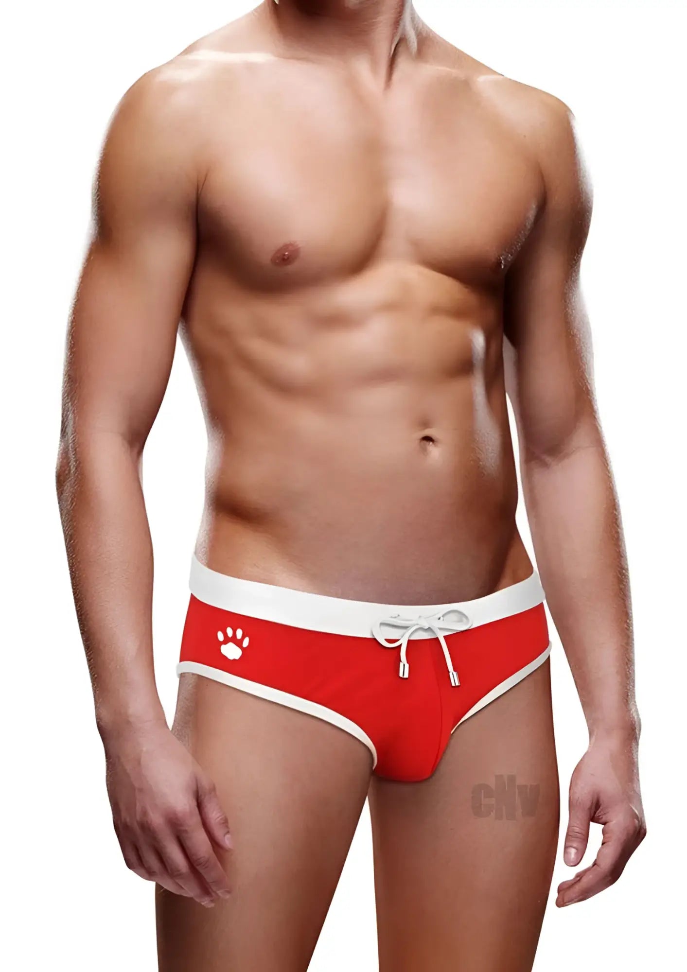 Red swim trunks with white trim and a paw print logo on the side from prowler swim brief ss22 collection