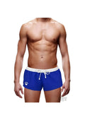 Blue prowler swim trunks with white waistband and drawstring featuring a paw print logo on the left leg