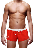 Red prowler swim trunk with white elastic waistband drawstring and paw print logo on left leg for summer use