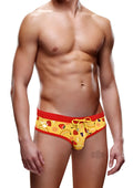 Yellow swim trunks prowler swimbr fruit md yell ss22 with red waistband and fruit pattern featuring bananas strawberries oranges and blueberries
